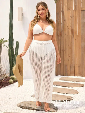 Saída De Praia Calça Crochê Vazada Cós Ajustável Plus Size Saída De Praia Calça Crochê Vazada Cós Ajustável Plus Size