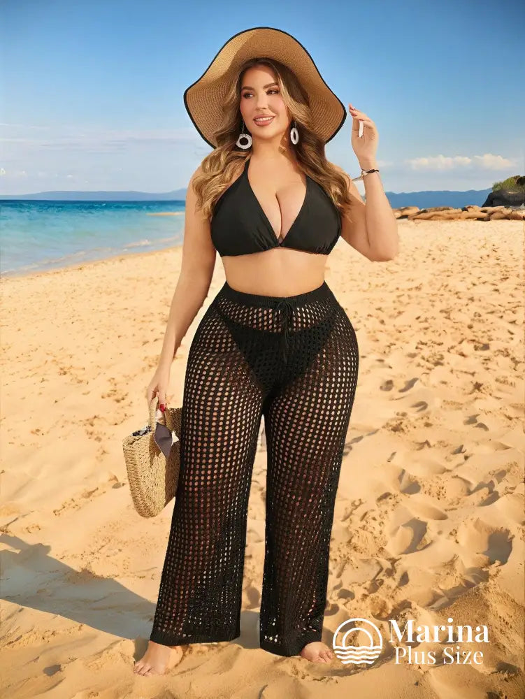 Saída De Praia Calça Crochê Vazada Cós Ajustável Plus Size Preto / G Saída De Praia Calça Crochê Vazada Cós Ajustável