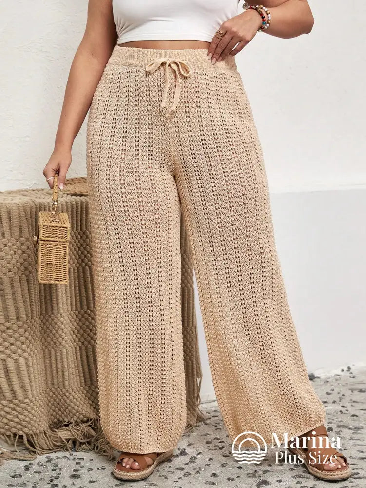 Saída De Praia Calça Pantalona Crochê Cordão Plus Size Bege / G Saída De Praia Calça Pantalona Crochê Cordão Plus Size