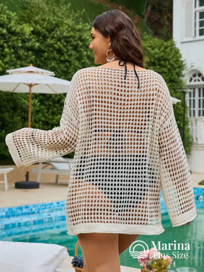 Saída De Praia Crochê Vazada Manga Longa Plus Size Saída De Praia Crochê Vazada Manga Longa Plus Size