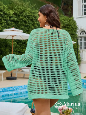 Saída De Praia Crochê Vazada Manga Longa Plus Size Saída De Praia Crochê Vazada Manga Longa Plus Size