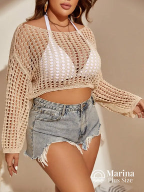 Saída De Praia Cropped Crochê Vazado Manga Longa Plus Size Saída De Praia Cropped Crochê Vazado Manga Longa Plus Size