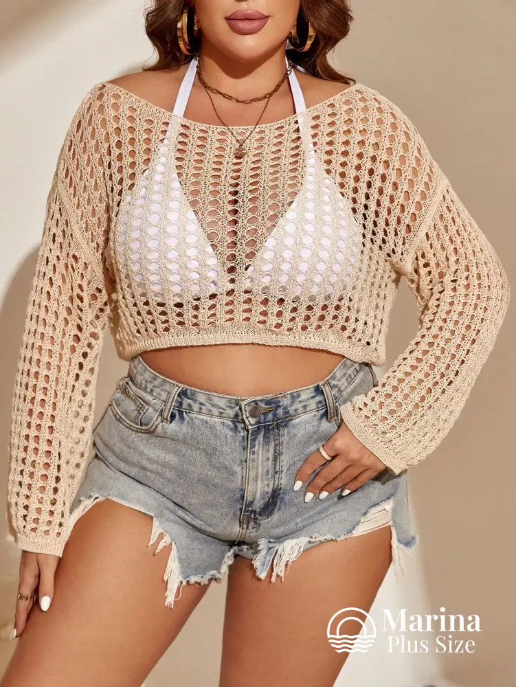 Saída De Praia Cropped Crochê Vazado Manga Longa Plus Size Saída De Praia Cropped Crochê Vazado Manga Longa Plus Size
