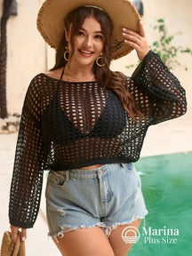Saída De Praia Cropped Crochê Vazado Manga Longa Plus Size Preto / G Saída De Praia Cropped Crochê Vazado Manga Longa