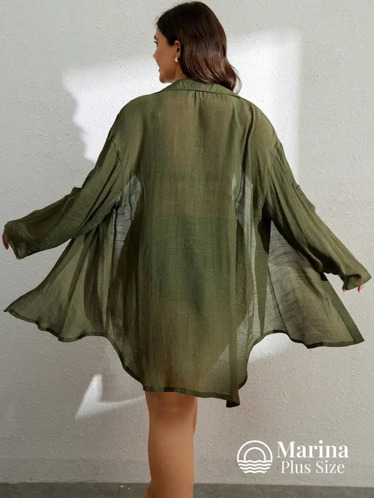 Saída De Praia Curta Camisa Leve Botões Plus Size Saída De Praia Curta Camisa Leve Botões Plus Size