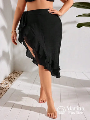 Saída De Praia Curta Com Babados E Amarração Plus Size Saída De Praia Curta Com Babados E Amarração Plus Size