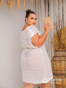 Saída De Praia Curta Crochê Caimento Leve Plus Size Bege / G Saída De Praia Curta Crochê Caimento Leve Plus Size