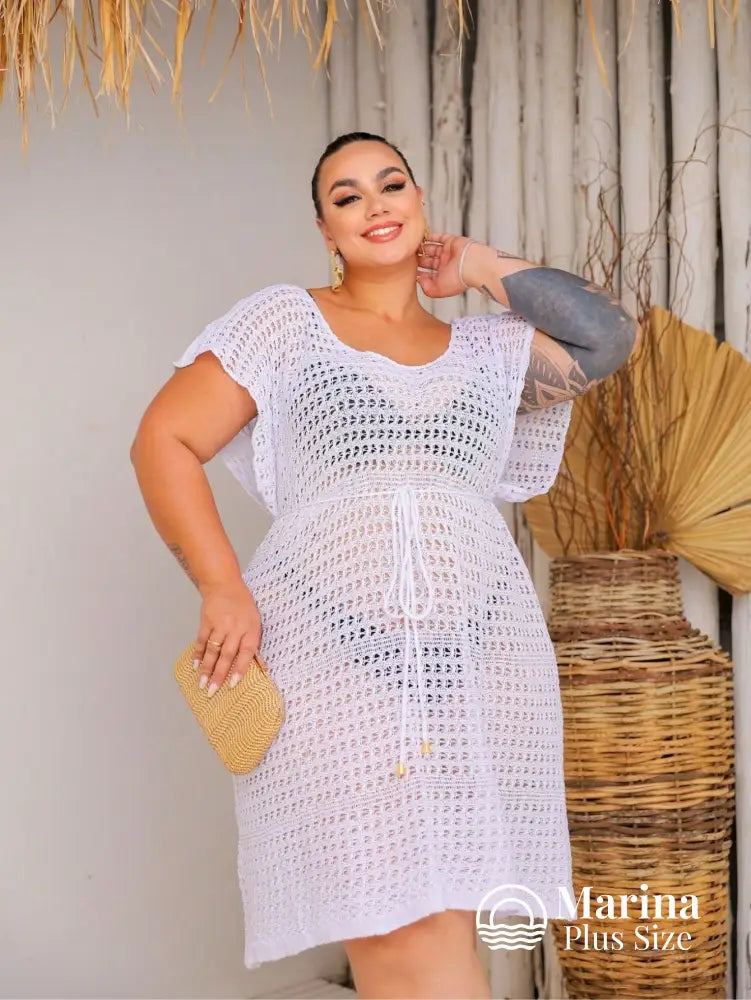 Saída De Praia Curta Crochê Caimento Leve Plus Size Branco / G Saída De Praia Curta Crochê Caimento Leve Plus Size