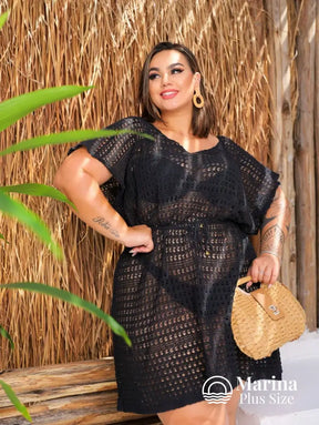 Saída De Praia Curta Crochê Caimento Leve Plus Size Preto / G Saída De Praia Curta Crochê Caimento Leve Plus Size