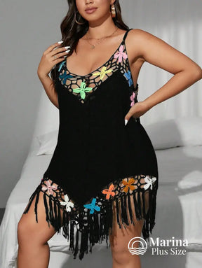 Saída De Praia Curta Crochê Floral E Franjas Plus Size Saída De Praia Curta Crochê Floral E Franjas Plus Size