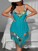Saída De Praia Curta Crochê Floral E Franjas Plus Size Azul Petróleo / G Saída De Praia Curta Crochê Floral E Franjas