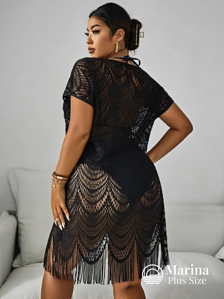 Saída De Praia Curta Crochê Franjas Delicadas Plus Size Saída De Praia Curta Crochê Franjas Delicadas Plus Size