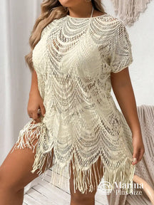 Saída De Praia Curta Crochê Franjas Delicadas Plus Size Bege / G Saída De Praia Curta Crochê Franjas Delicadas Plus Size