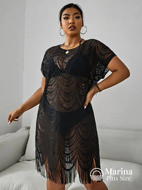 Saída De Praia Curta Crochê Franjas Delicadas Plus Size Preto / G Saída De Praia Curta Crochê Franjas Delicadas Plus