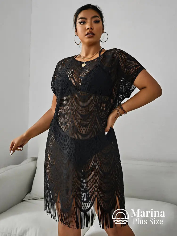 Saída De Praia Curta Crochê Franjas Delicadas Plus Size Preto / G Saída De Praia Curta Crochê Franjas Delicadas Plus