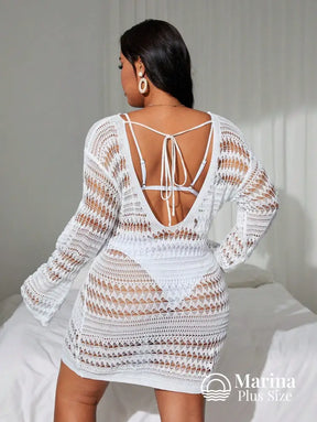 Saída De Praia Curta Crochê Mangas Longas Plus Size Saída De Praia Curta Crochê Mangas Longas Plus Size