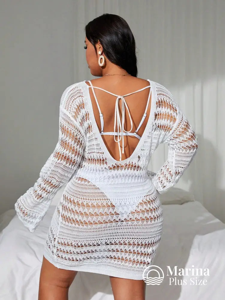 Saída De Praia Curta Crochê Mangas Longas Plus Size Saída De Praia Curta Crochê Mangas Longas Plus Size