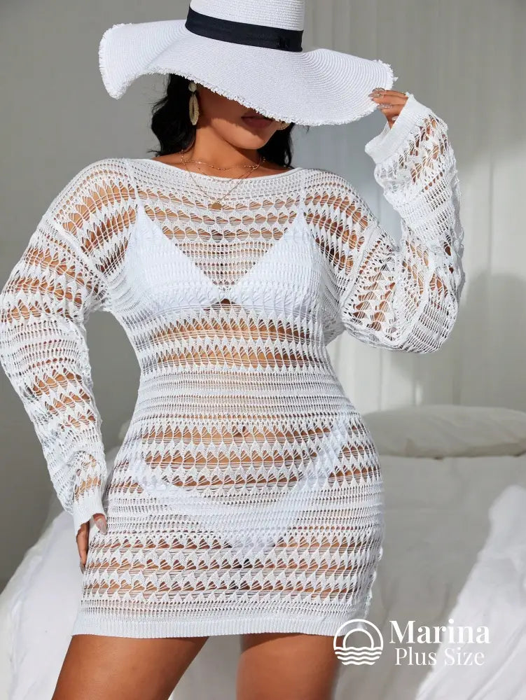 Saída De Praia Curta Crochê Mangas Longas Plus Size Branco / G Saída De Praia Curta Crochê Mangas Longas Plus Size