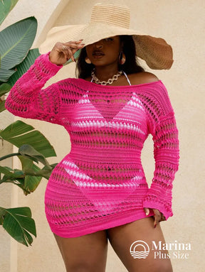 Saída De Praia Curta Crochê Mangas Longas Plus Size Rosa Choque / G Saída De Praia Curta Crochê Mangas Longas Plus Size