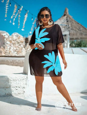 Saída De Praia Curta Sheer Estampa Floral Plus Size Saída De Praia Curta Sheer Estampa Floral Plus Size
