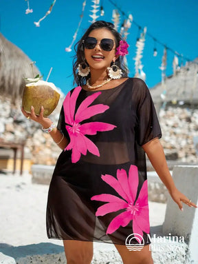 Saída De Praia Curta Sheer Estampa Floral Plus Size Saída De Praia Curta Sheer Estampa Floral Plus Size