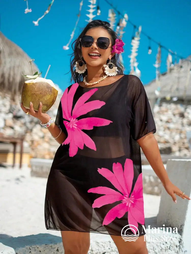 Saída De Praia Curta Sheer Estampa Floral Plus Size Saída De Praia Curta Sheer Estampa Floral Plus Size