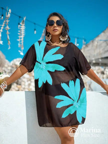 Saída De Praia Curta Sheer Estampa Floral Plus Size Azul Turquesa / G Saída De Praia Curta Sheer Estampa Floral Plus