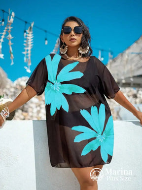 Saída De Praia Curta Sheer Estampa Floral Plus Size Azul Turquesa / G Saída De Praia Curta Sheer Estampa Floral Plus