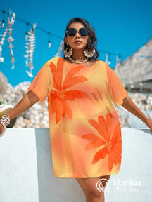 Saída De Praia Curta Sheer Estampa Floral Plus Size Laranja / G Saída De Praia Curta Sheer Estampa Floral Plus Size