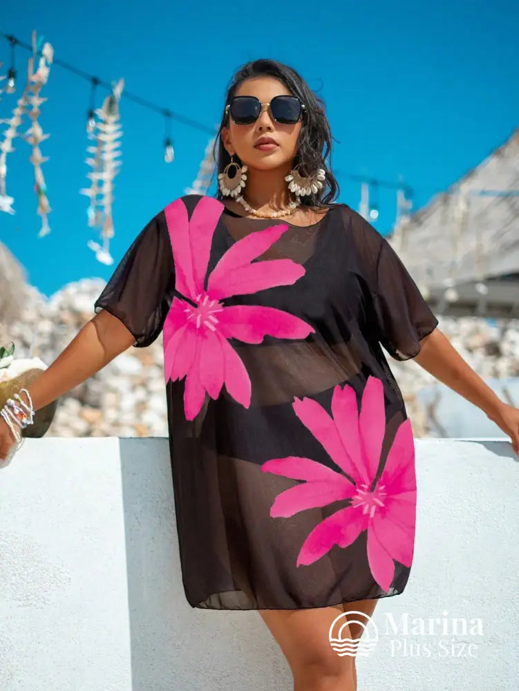 Saída De Praia Curta Sheer Estampa Floral Plus Size Rosa Choque / G Saída De Praia Curta Sheer Estampa Floral Plus Size
