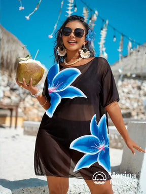 Saída De Praia Curta Transparente Estampa Floral Plus Size Saída De Praia Curta Transparente Estampa Floral Plus Size
