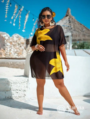 Saída De Praia Curta Transparente Estampa Floral Plus Size Saída De Praia Curta Transparente Estampa Floral Plus Size