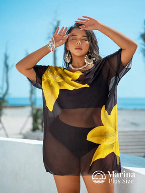 Saída De Praia Curta Transparente Estampa Floral Plus Size Amarela / G Saída De Praia Curta Transparente Estampa Floral