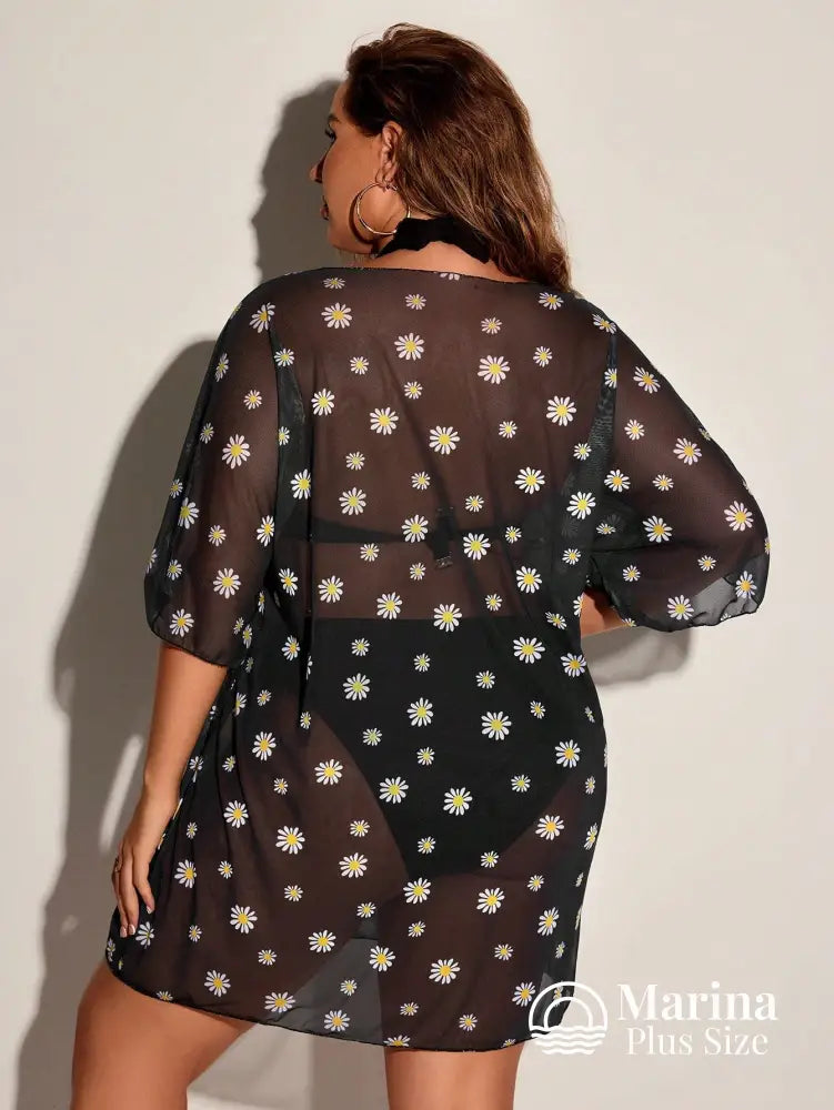 Saída De Praia Curta Tule Estampa Margaridas Plus Size Saída De Praia Curta Tule Estampa Margaridas Plus Size
