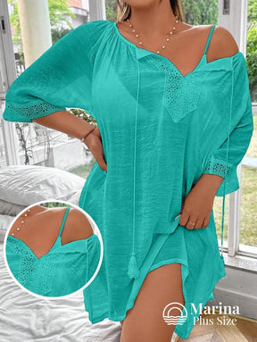 Saída De Praia Curta Túnica Renda E Amarração Plus Size Verde / G Saída De Praia Curta Túnica Renda E Amarração Plus