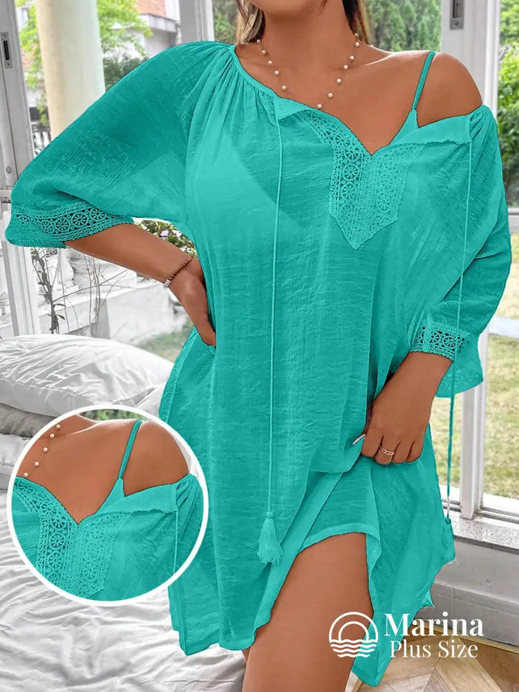 Saída De Praia Curta Túnica Renda E Amarração Plus Size Verde / G Saída De Praia Curta Túnica Renda E Amarração Plus