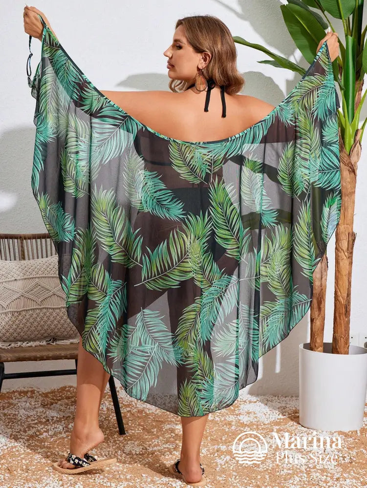 Saída De Praia Longa Assimétrica Estampa Folhagem Plus Size Verde / G Saída De Praia Longa Assimétrica Estampa Folhagem