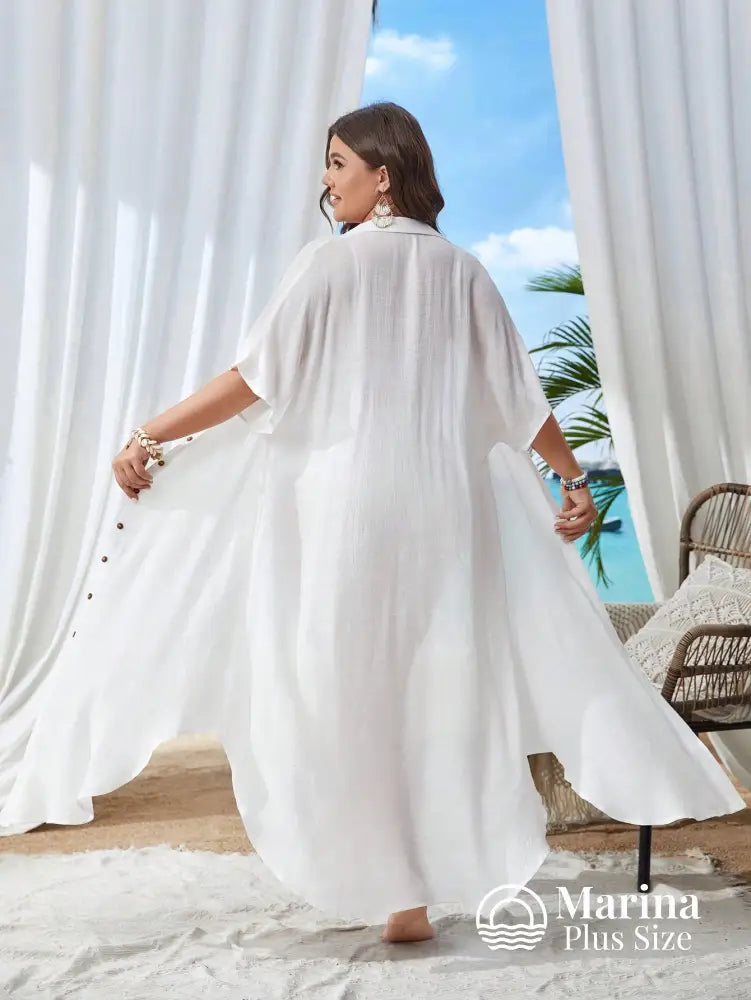 Saída De Praia Longa Camisa Botões Frontais Plus Size Saída De Praia Longa Camisa Botões Frontais Plus Size