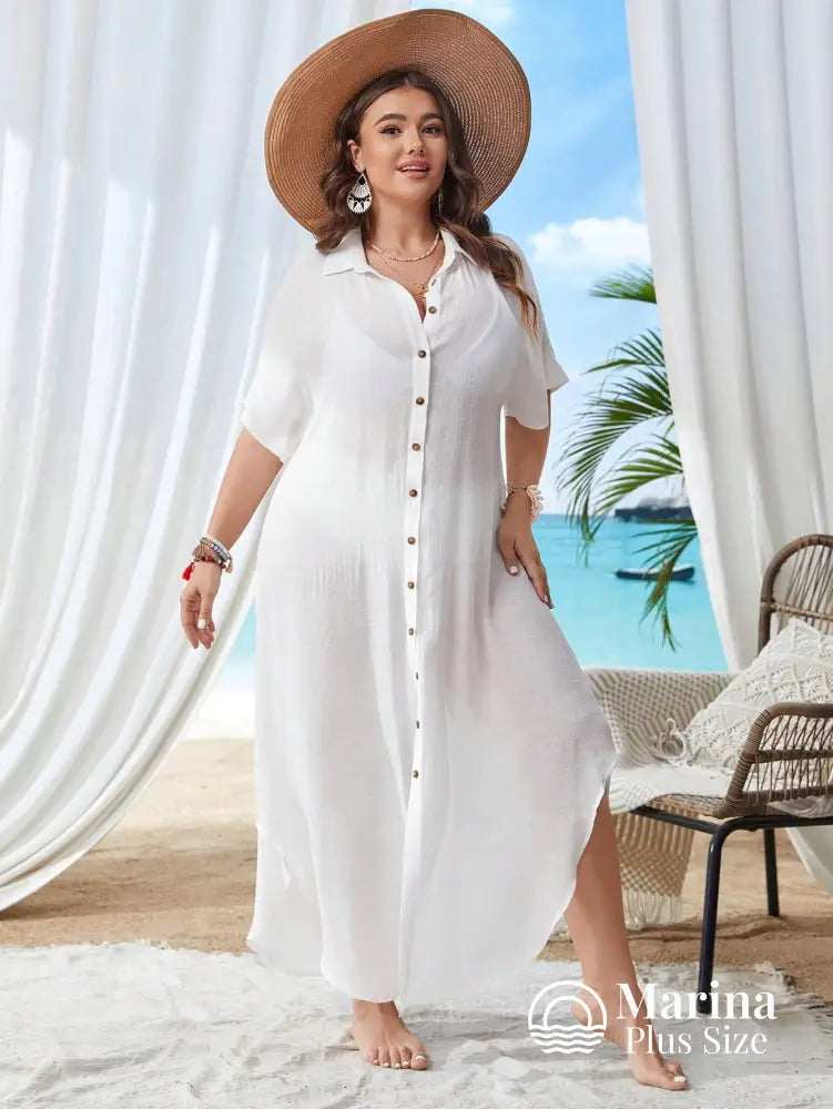 Saída De Praia Longa Camisa Botões Frontais Plus Size Branco / G Saída De Praia Longa Camisa Botões Frontais Plus Size