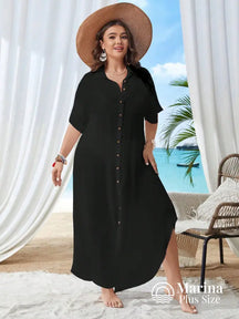 Saída De Praia Longa Camisa Botões Frontais Plus Size Preto / G Saída De Praia Longa Camisa Botões Frontais Plus Size