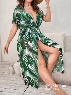 Saída De Praia Longa Estampa Folhagem Amarração Plus Size Saída De Praia Longa Estampa Folhagem Amarração Plus Size