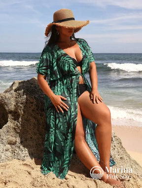 Saída De Praia Longa Estampa Folhagem Amarração Plus Size Saída De Praia Longa Estampa Folhagem Amarração Plus Size