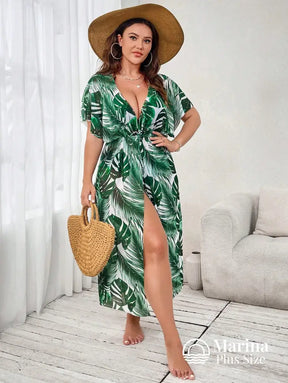 Saída De Praia Longa Estampa Folhagem Amarração Plus Size Saída De Praia Longa Estampa Folhagem Amarração Plus Size