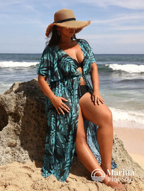 Saída De Praia Longa Estampa Folhagem Amarração Plus Size Saída De Praia Longa Estampa Folhagem Amarração Plus Size