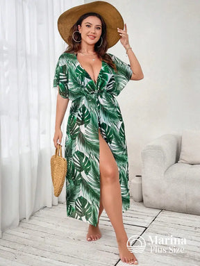 Saída De Praia Longa Estampa Folhagem Amarração Plus Size Saída De Praia Longa Estampa Folhagem Amarração Plus Size