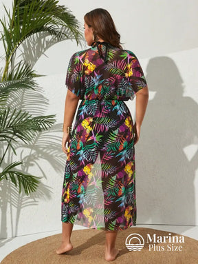 Saída De Praia Longa Estampa Folhagem Amarração Plus Size Saída De Praia Longa Estampa Folhagem Amarração Plus Size