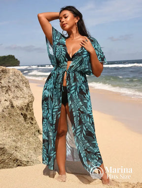 Saída De Praia Longa Estampa Folhagem Amarração Plus Size Saída De Praia Longa Estampa Folhagem Amarração Plus Size