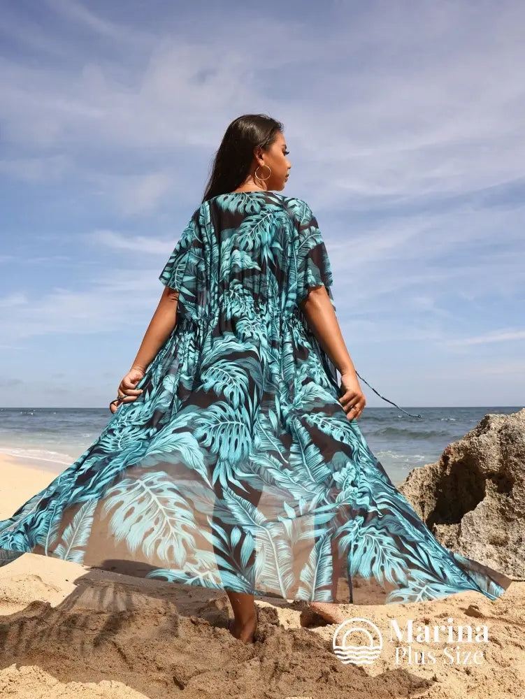 Saída De Praia Longa Estampa Folhagem Amarração Plus Size Azul Petróleo / G Saída De Praia Longa Estampa Folhagem