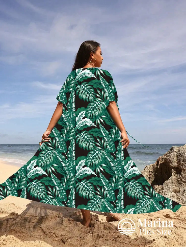 Saída De Praia Longa Estampa Folhagem Amarração Plus Size Verde Escuro / G Saída De Praia Longa Estampa Folhagem