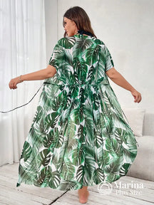 Saída De Praia Longa Estampa Folhagem Amarração Plus Size Verde Menta / G Saída De Praia Longa Estampa Folhagem